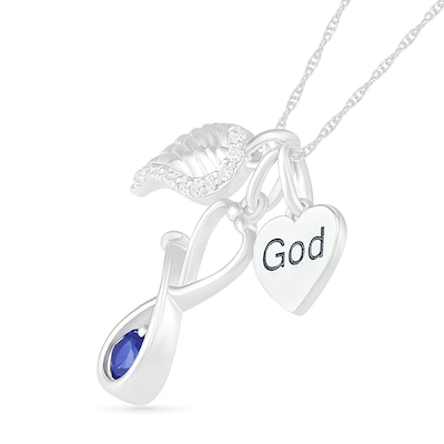 4.0mm Lab-Created Blue and White Sapphire Stethoscope, Wing and "God" Heart Disc Charm Pendant in Sterling Silver