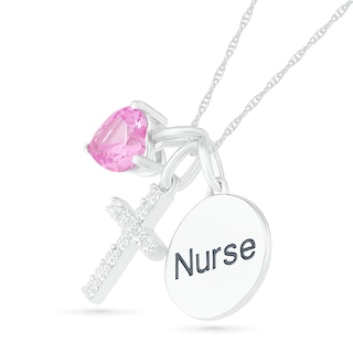 5.0mm Lab-Created Pink and White Sapphire Cross and "Nurse" Disc Charm Pendant in Sterling Silver