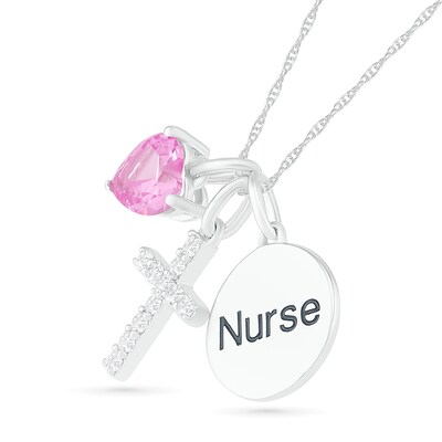 5.0mm Lab-Created Pink and White Sapphire Cross and "Nurse" Disc Charm Pendant in Sterling Silver