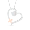 Lab-Created Opal and White Sapphire Loop Heart Outline with Greek Cross Pendant in Sterling Silver and 10K Rose Gold