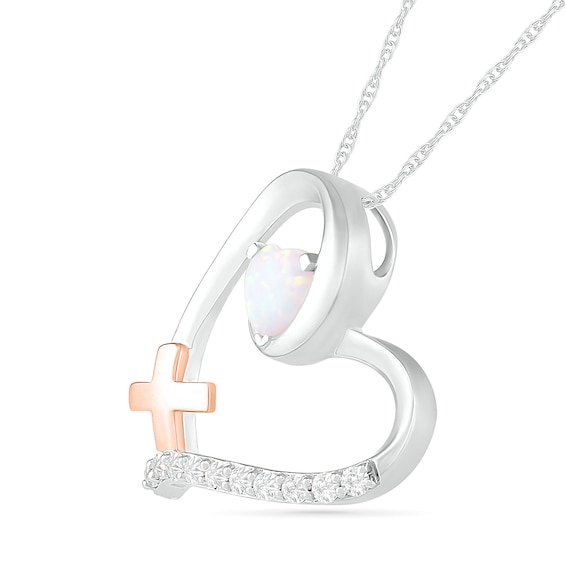 Lab-Created Opal and White Sapphire Loop Heart Outline with Greek Cross Pendant in Sterling Silver and 10K Rose Gold