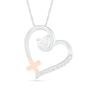 4.0mm Lab-Created White Sapphire Tilted Loop Heart Outline with Greek Cross Pendant in Sterling Silver and 10K Rose Gold