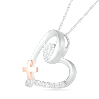 4.0mm Lab-Created White Sapphire Tilted Loop Heart Outline with Greek Cross Pendant in Sterling Silver and 10K Rose Gold