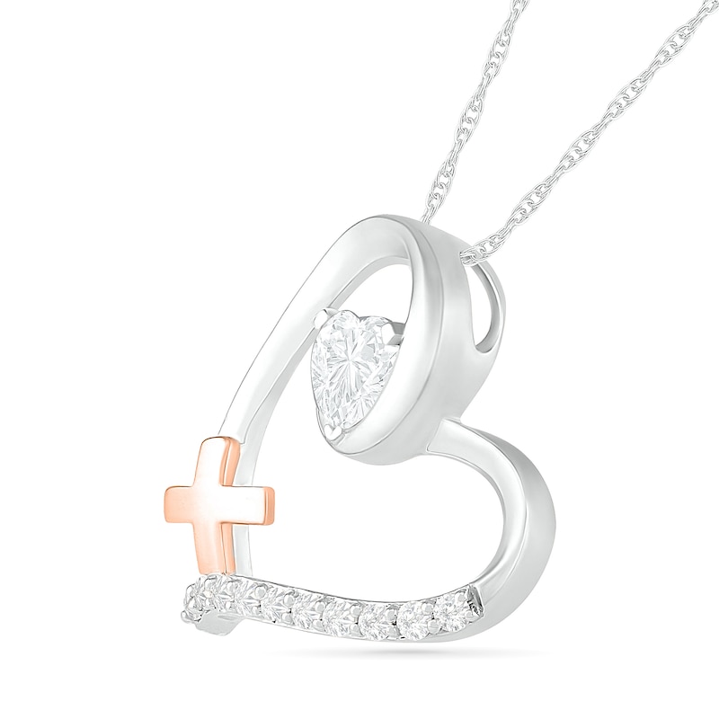 4.0mm Lab-Created White Sapphire Tilted Loop Heart Outline with Greek Cross Pendant in Sterling Silver and 10K Rose Gold|Peoples Jewellers