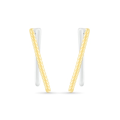 Polished and Rope-Textured Curved Bar Crossover J-Hoop Earrings in 10K Two-Tone Gold