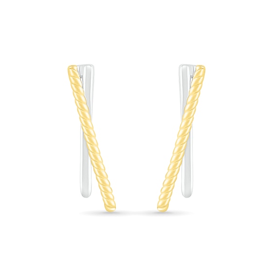 Polished and Rope-Textured Curved Bar Crossover J-Hoop Earrings in 10K Two-Tone Gold