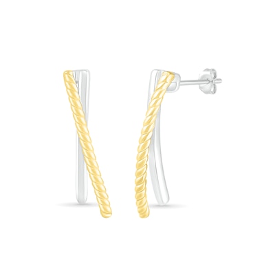 Polished and Rope-Textured Curved Bar Crossover J-Hoop Earrings in 10K Two-Tone Gold