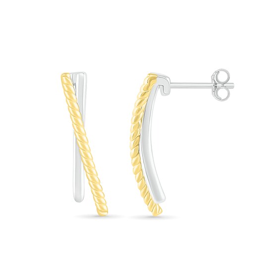 Polished and Rope-Textured Curved Bar Crossover J-Hoop Earrings in 10K Two-Tone Gold