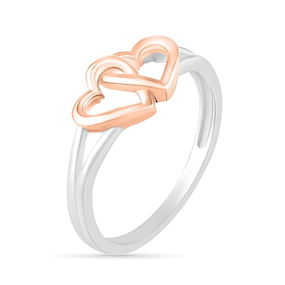 Interlocking Double Hearts Split Shank Ring in 10K Two-Tone Gold