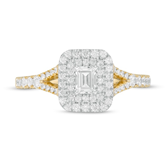 0.75 CT. T.W. Emerald-Cut Diamond Double Frame Split Shank Engagement Ring in 14K Two-Tone Gold