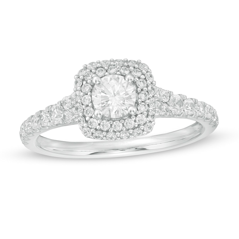 0.95 CT. T.W. Diamond Double Cushion Frame Engagement Ring in 14K White Gold