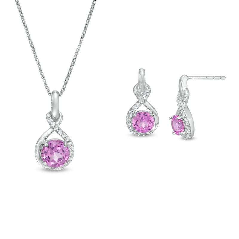 Lab-Created Pink and White Sapphire Infinity Drop Pendant and Drop Earrings Set in Sterling Silver