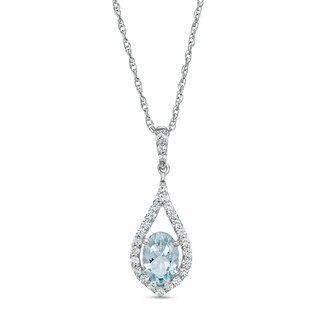 Oval Aquamarine and Lab-Created White Sapphire Teardrop Pendant in Sterling Silver