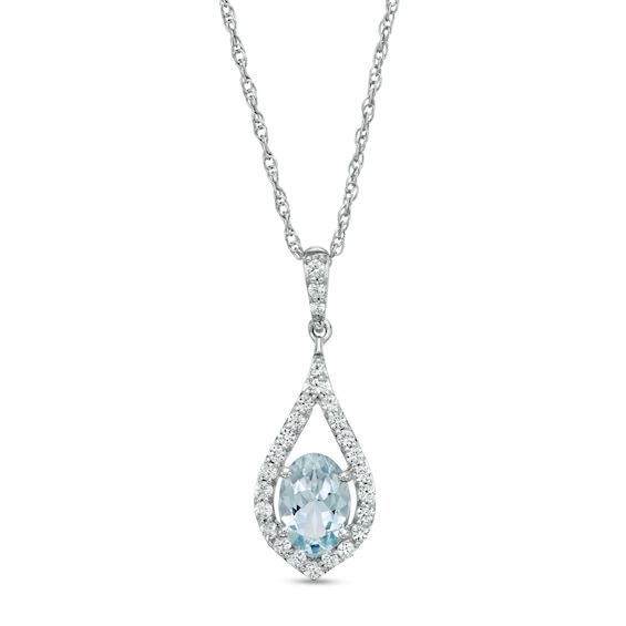 Oval Aquamarine and Lab-Created White Sapphire Teardrop Pendant in Sterling Silver