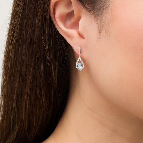 Oval Aquamarine and Lab-Created White Sapphire Teardrop Earrings in Sterling Silver