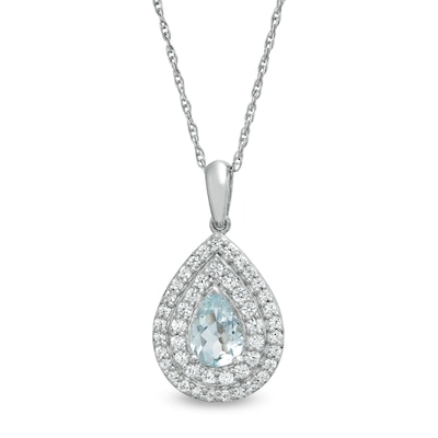 Pear-Shaped Aquamarine and Lab-Created White Sapphire Double Frame Teardrop Pendant in Sterling Silver