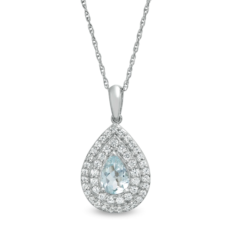 Pear-Shaped Aquamarine and Lab-Created White Sapphire Double Frame Teardrop Pendant in Sterling Silver|Peoples Jewellers