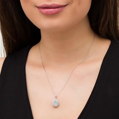 Pear-Shaped Aquamarine and Lab-Created White Sapphire Double Frame Teardrop Pendant in Sterling Silver