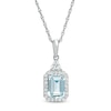 Thumbnail Image 0 of Emerald-Cut Aquamarine and Lab-Created White Sapphire Octagonal Frame Tri-Top Drop Pendant in Sterling Silver