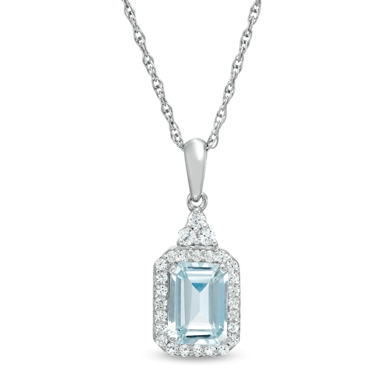 Emerald-Cut Aquamarine and Lab-Created White Sapphire Octagonal Frame Tri-Top Drop Pendant in Sterling Silver