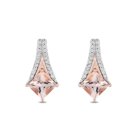 Enchanted Disney Aurora Princess-Cut Morganite and 0.09 CT. T.W. Diamond Earrings in Sterling Silver and 10K Rose Gold