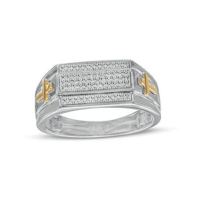 Men's 0.16 CT. T.W. Diamond Multi-Row Rectangle-Top with Cross Side Accent Stepped Edge Ring in 10K Two-Tone Ring