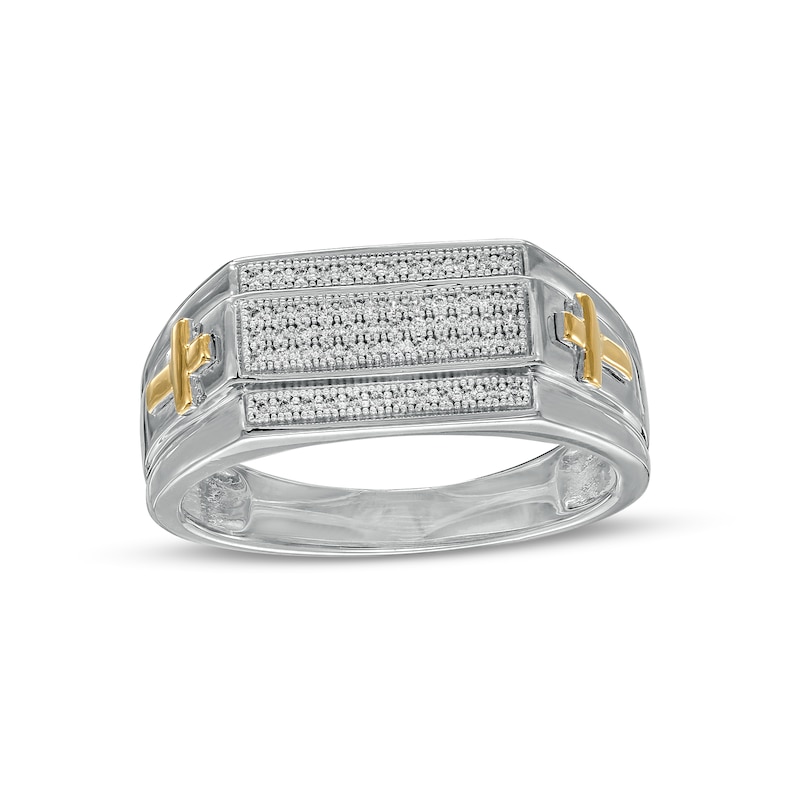 Men's 0.16 CT. T.W. Diamond Multi-Row Rectangle-Top with Cross Side Accent Stepped Edge Ring in 10K Two-Tone Ring|Peoples Jewellers