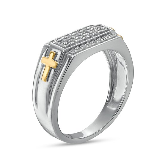 Men's 0.16 CT. T.W. Diamond Multi-Row Rectangle-Top with Cross Side Accent Stepped Edge Ring in 10K Two-Tone Ring