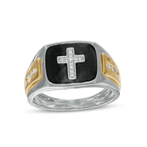 Men's 0.12 CT. T.W. Diamond Cross and Black Enamel Square-Top Stepped Edge Ring in 10K Two-Tone Gold