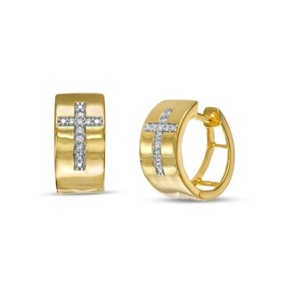 Men's 0.04 CT. T.W. Diamond Cross Huggie Hoop Earrings in 10K Gold