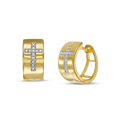 Men's 0.04 CT. T.W. Diamond Cross Huggie Hoop Earrings in 10K Gold