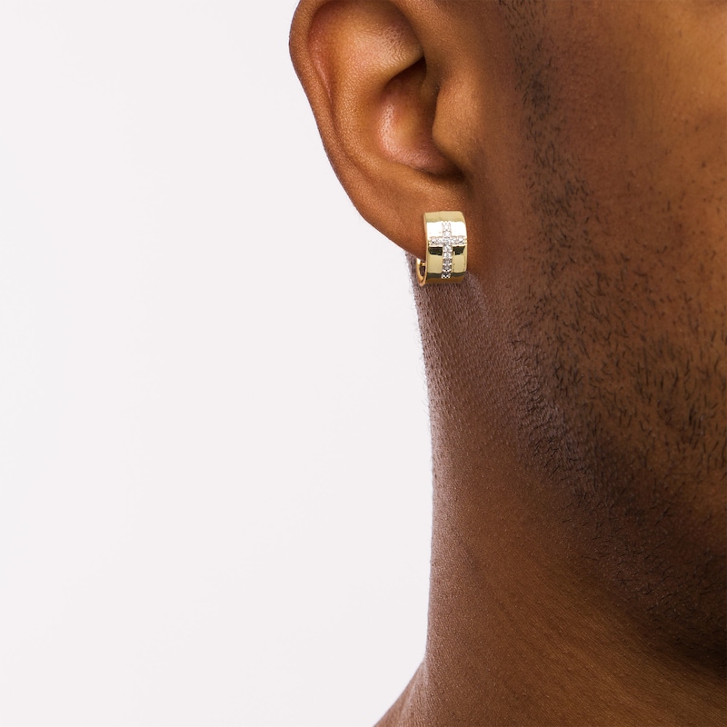 Men's 0.04 CT. T.W. Diamond Cross Huggie Hoop Earrings in 10K Gold