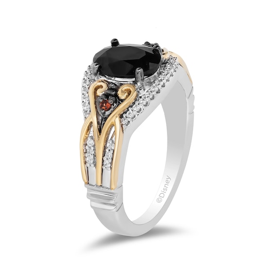 Enchanted Disney Villains Evil Queen Oval Onyx, Garnet and 0.145 CT. T.W. Diamond Ring in Sterling Silver and 10K Gold