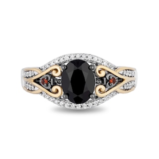 Enchanted Disney Villains Evil Queen Oval Onyx, Garnet and 0.145 CT. T.W. Diamond Ring in Sterling Silver and 10K Gold