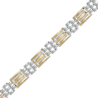 Men's 0.50 CT. T.W. Diamond Triple Row and Brick Pattern Link Bracelet in Sterling Silver and 14K Gold Plate - 8.5"