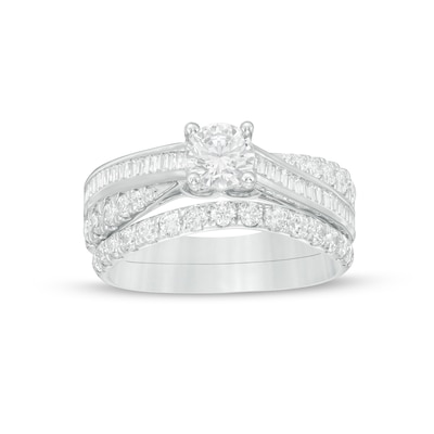 1.45 CT. T.W. Baguette and Round Diamond Twist Shank Bridal Set in 14K White Gold