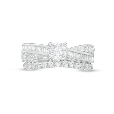 1.45 CT. T.W. Baguette and Round Diamond Twist Shank Bridal Set in 14K White Gold