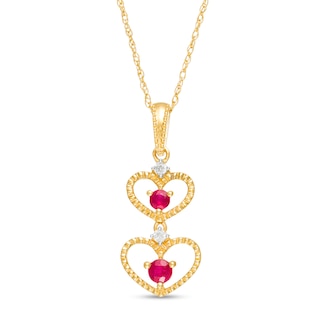 Ruby and Diamond Accent Beaded Double Heart Outline Drop Pendant in 10K Gold