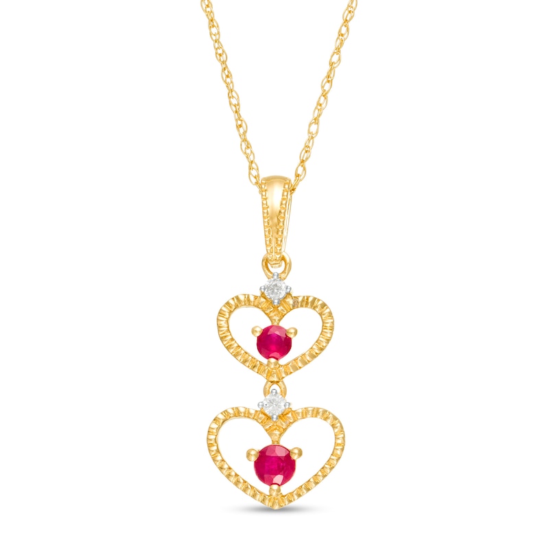 Ruby and Diamond Accent Beaded Double Heart Outline Drop Pendant in 10K Gold|Peoples Jewellers