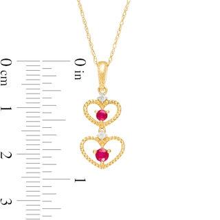 Ruby and Diamond Accent Beaded Double Heart Outline Drop Pendant in 10K Gold