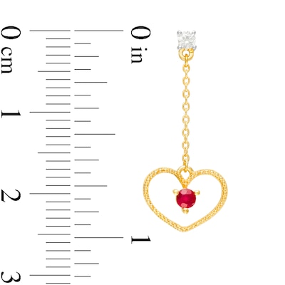 Ruby and 1/10 CT. T.W. Diamond Beaded Heart Outline Chain Drop Earrings in 10K Gold