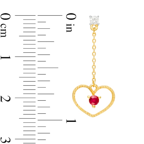 Ruby and 1/10 CT. T.W. Diamond Beaded Heart Outline Chain Drop Earrings in 10K Gold