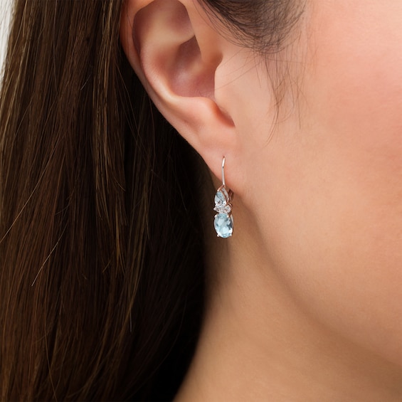 Oval and Pear-Shaped Aquamarine with Lab-Created White Sapphire Duo Drop Earrings in Sterling Silver