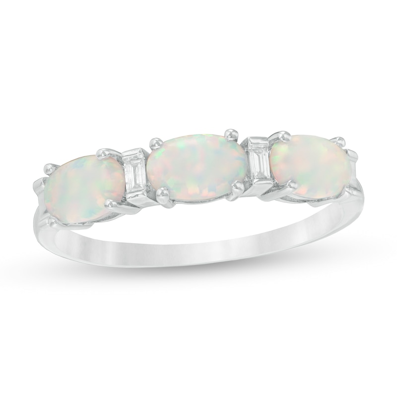 Oval Lab-Created Opal and Baguette Diamond Accent Three Stone Ring in Sterling Silver|Peoples Jewellers