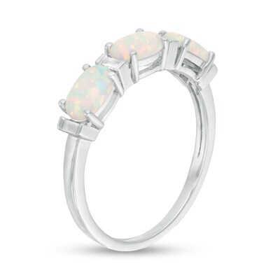 Oval Lab-Created Opal and Baguette Diamond Accent Three Stone Ring in Sterling Silver