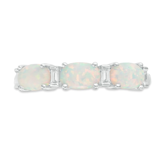 Oval Lab-Created Opal and Baguette Diamond Accent Three Stone Ring in Sterling Silver