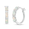 Thumbnail Image 0 of Oval Lab-Created Opal and Baguette Diamond Accent Three Stone Hoop Earrings in Sterling Silver