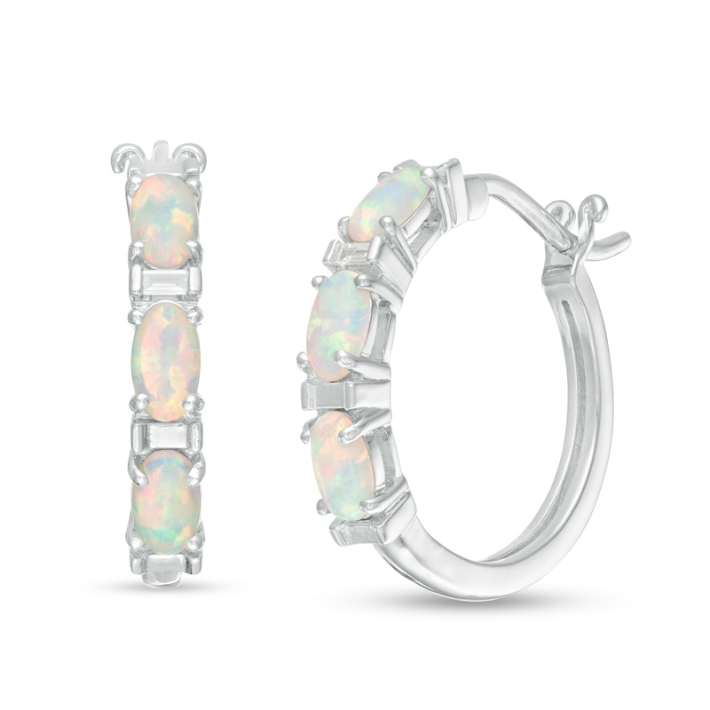 Oval Lab-Created Opal and Baguette Diamond Accent Three Stone Hoop Earrings in Sterling Silver|Peoples Jewellers