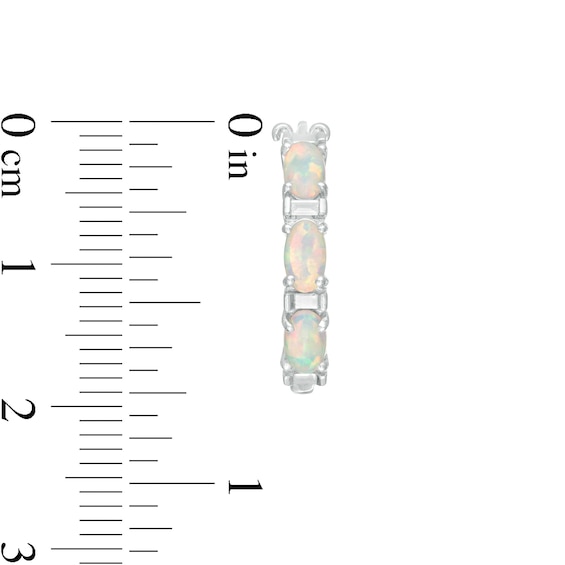 Oval Lab-Created Opal and Baguette Diamond Accent Three Stone Hoop Earrings in Sterling Silver