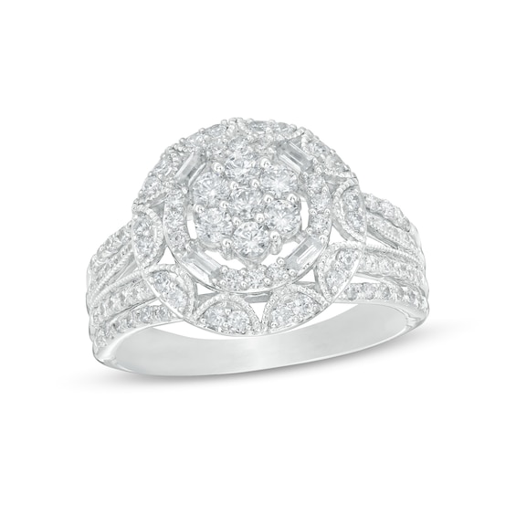 0.95 CT. T.W. Baguette and Round Composite Diamond Frame Engagement Ring in 14K White Gold